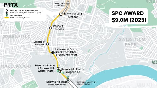 A map showing planned Pittsburgh Regional Transit BRT stations and stops along a proposed Mon Valley service corridor in Pittsburgh's Squirrel Hill and Hazelwood neighborhoods, with a $9.0 million SPC award noted for 2025.