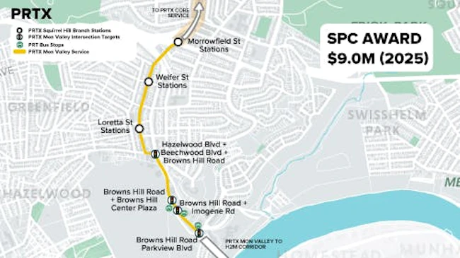 A map showing planned Pittsburgh Regional Transit BRT stations and stops along a proposed Mon Valley service corridor in Pittsburgh's Squirrel Hill and Hazelwood neighborhoods, with a $9.0 million SPC award noted for 2025.