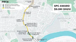 A map showing planned Pittsburgh Regional Transit BRT stations and stops along a proposed Mon Valley service corridor in Pittsburgh's Squirrel Hill and Hazelwood neighborhoods, with a $9.0 million SPC award noted for 2025.