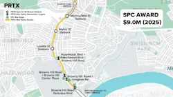 A map showing planned Pittsburgh Regional Transit BRT stations and stops along a proposed Mon Valley service corridor in Pittsburgh's Squirrel Hill and Hazelwood neighborhoods, with a $9.0 million SPC award noted for 2025.