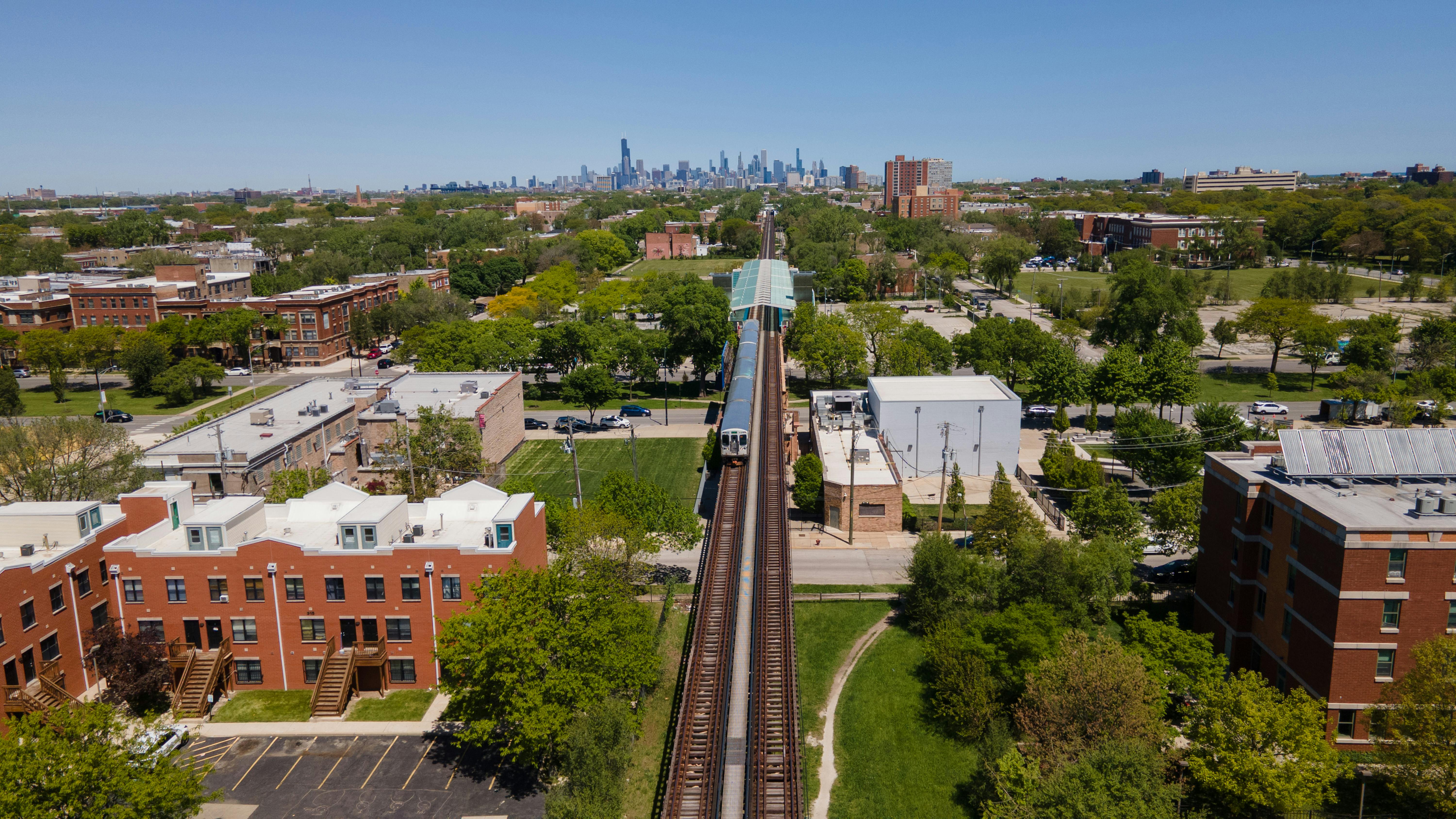 An aerial view of a train coming from downtown to the South Side