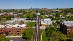 An aerial view of a train coming from downtown to the South Side