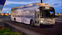 An RTC Southern Nevada zero-emission hydrogen fuel cell bus numbered 23302, wrapped with 'Be a Hero. Ride Zero Emissions.' messaging.