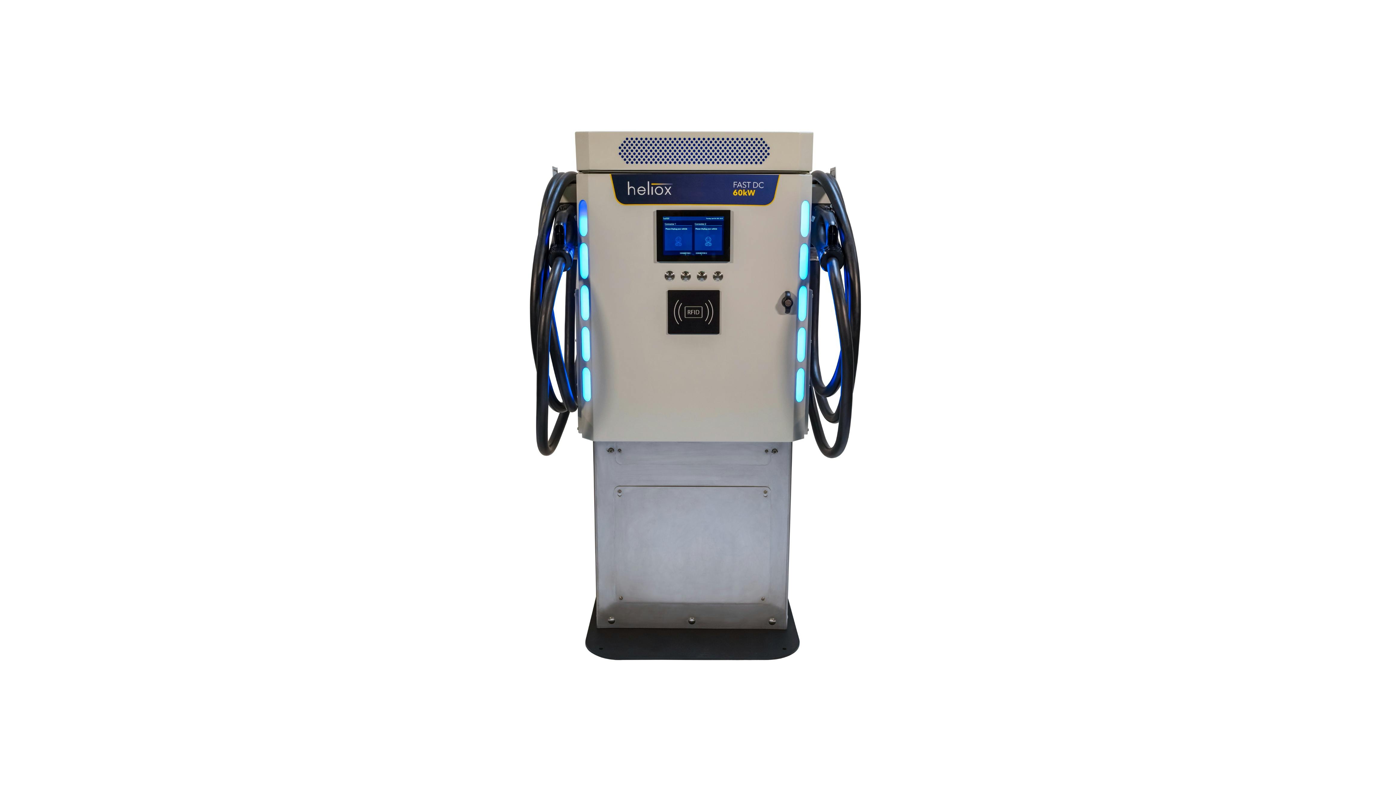 A dual-cabled electric vehicle charger sits against a plain white background.