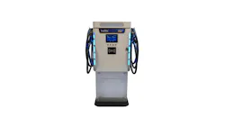 A dual-cabled electric vehicle charger sits against a plain white background.