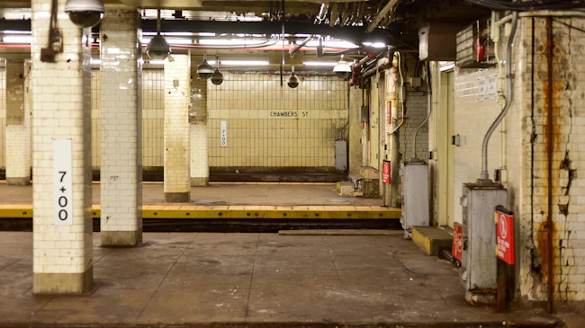 Empty New York City subway platform at the Chambers Street station, with white tile columns, a station wall marked 'Chambers St,' ceiling-mounted security cameras, and visible wear and rust along the walls.