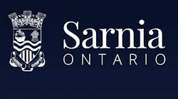 The City of Sarnia, Ontario logo, showing the municipal crest beside the wordmark 'Sarnia Ontario' in white on a dark navy background.