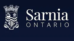 The City of Sarnia, Ontario logo, showing the municipal crest beside the wordmark 'Sarnia Ontario' in white on a dark navy background.