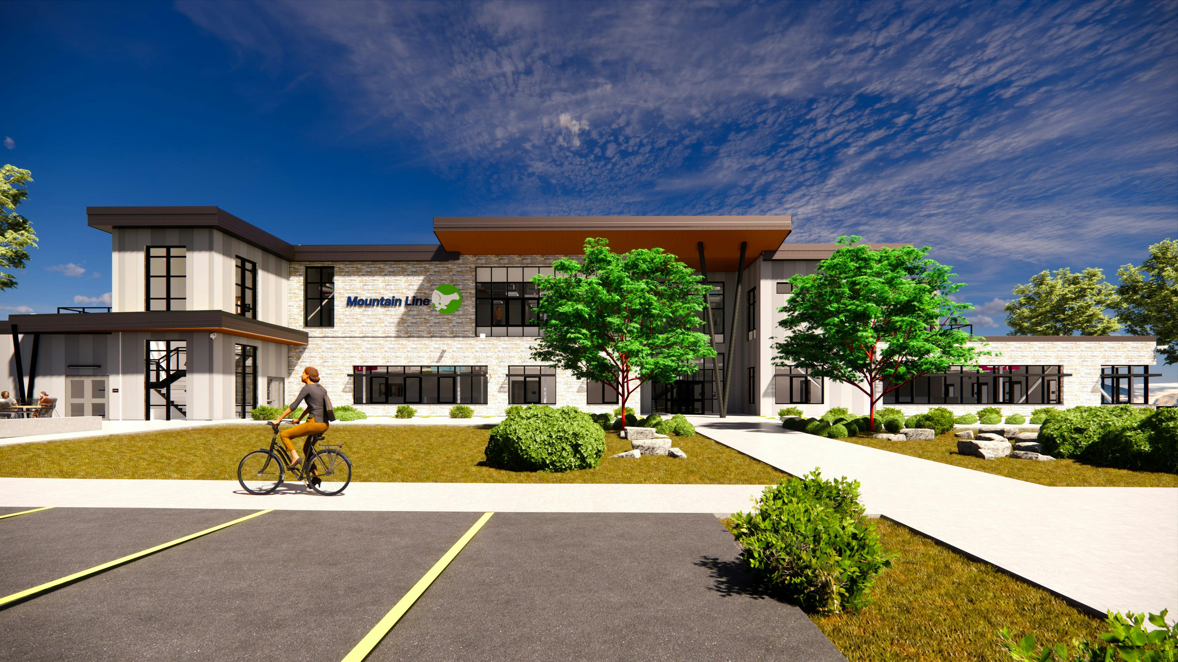 An architectural rendering of the south exterior of Mountain Line's new transit facility, depicting a modern two-story building with stone and panel cladding, large windows, a wood-toned canopy and the Mountain Line logo above the entrance, with landscaped grounds and a cyclist in the foreground under a blue sky.