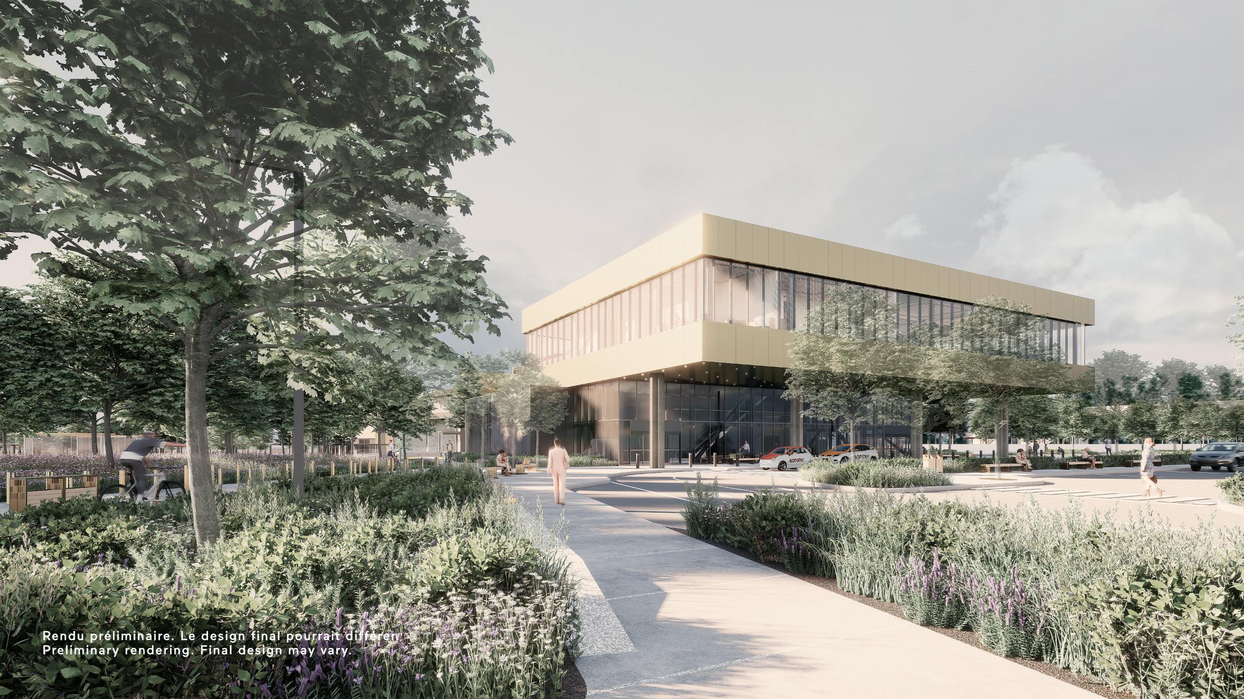 Architectural rendering of the VIA Rail Dorval Multimodal Hub, showing a two-story glass-and-panel station building surrounded by landscaped gardens, walking paths, and pedestrians, with a bilingual caption noting it is a preliminary rendering subject to change.