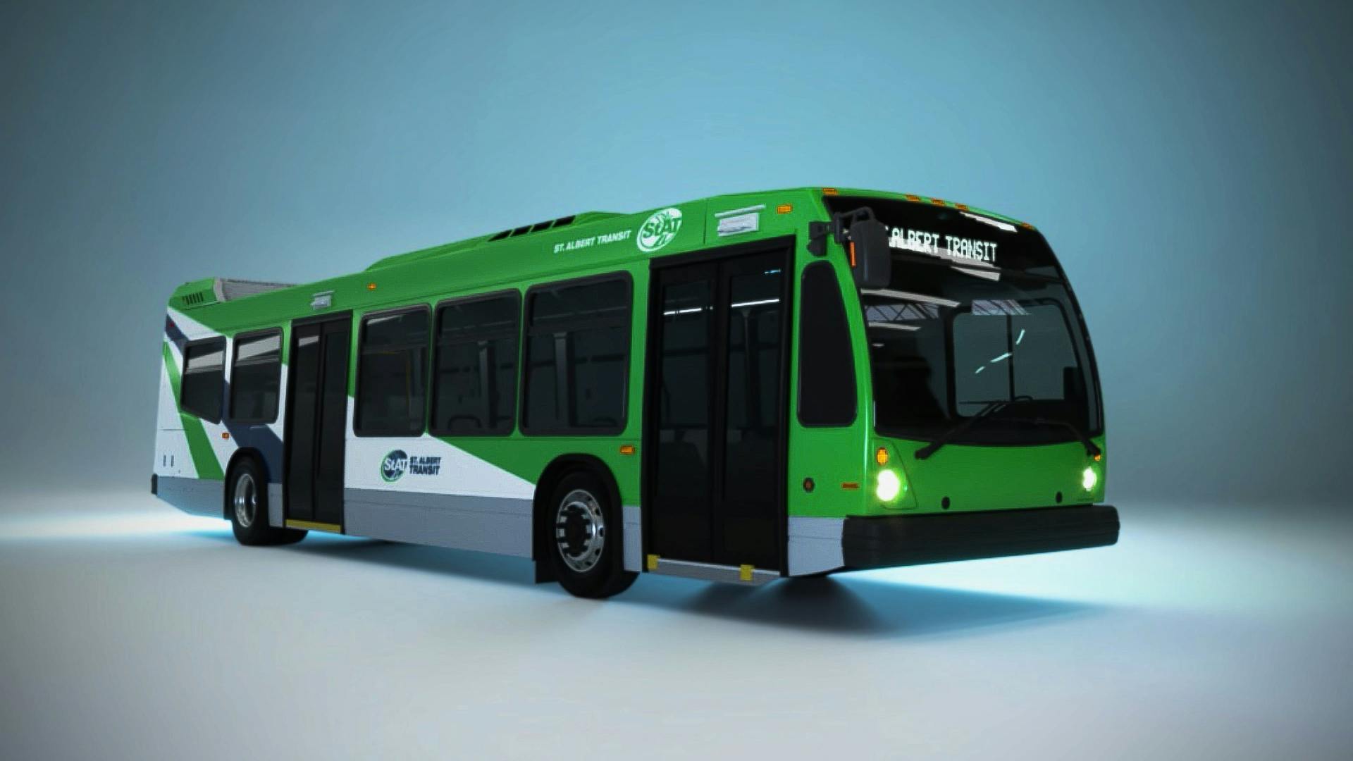 A promotional 3D rendering of a St. Albert Transit bus in a bright green and white livery with the StAT logo, displayed against a neutral studio background with the destination sign reading 'Albert Transit'.