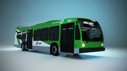 A promotional 3D rendering of a St. Albert Transit bus in a bright green and white livery with the StAT logo, displayed against a neutral studio background with the destination sign reading 'Albert Transit'.