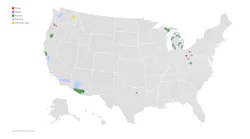 Choropleth map of the United States showing county-level results for 2026 transit ballot measures, color-coded by status — passed (green), failed (red), mixed (purple), pending (light blue), and 'see body copy' (yellow) — with clusters concentrated in Michigan, the Pacific Northwest, and scattered counties across California, Arizona, Ohio, and Texas.