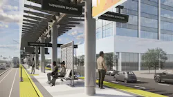 Architectural rendering of the proposed Vanowen Station, showing a covered rail platform with seating, transit riders waiting, and an approaching light rail vehicle alongside a roadway, with modern glass office buildings and palm trees in the background.