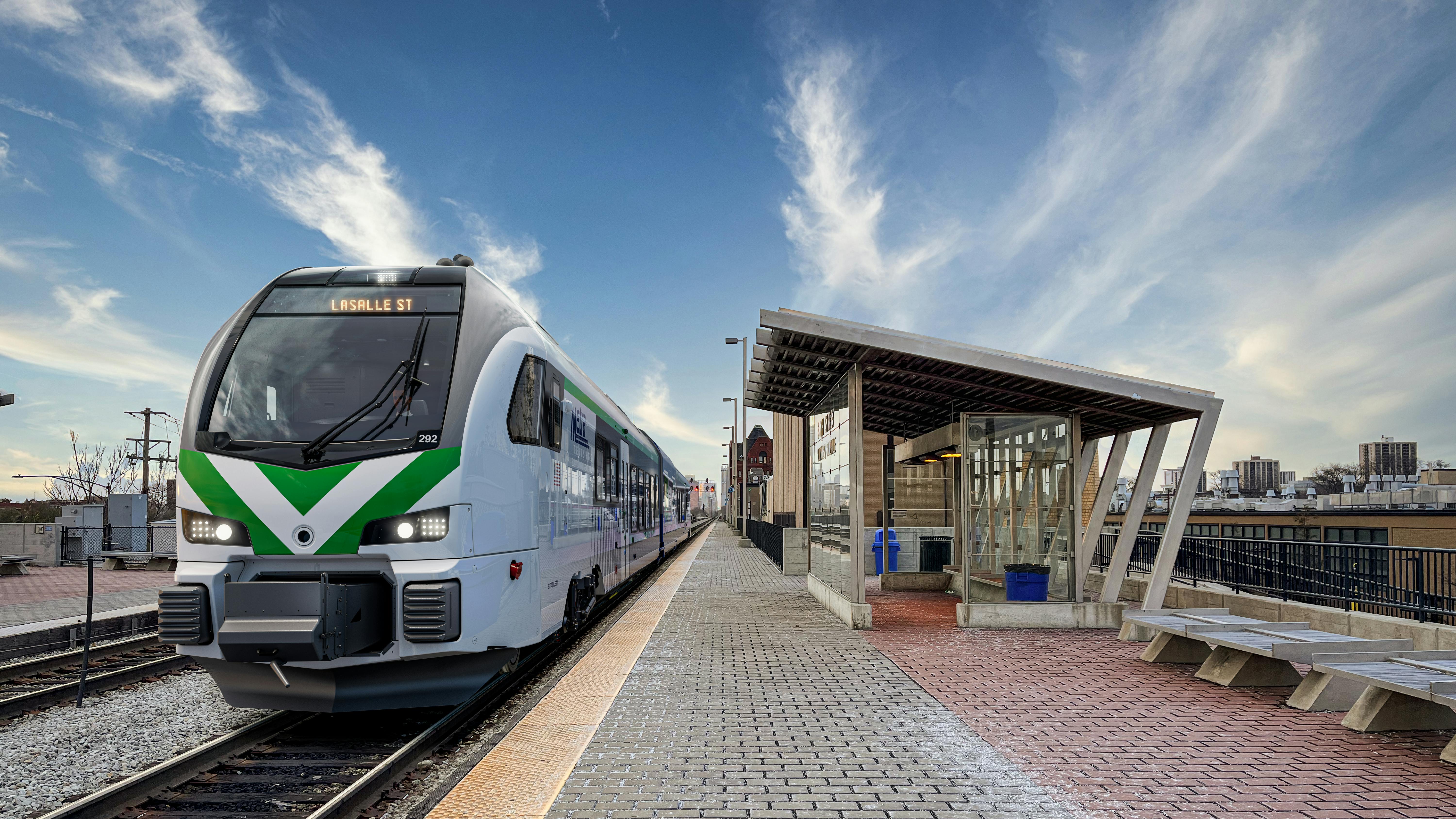 rendering of Metra's flirt train next to level boarding platform