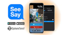 A promotional graphic for the Spokane Transit See Say safety reporting app, featuring two smartphone mockups displaying the app's 'Report a Problem' and 'Call Security' interface and a photo submission screen, alongside the See Say logo, Spokane Transit logo and Google Play and App Store download badges.