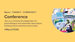Promotional graphic for the Mpact: Transit + Community Conference in Toronto this September, on a yellow background with the hashtag #MpactTO26 and a colorful illustration of a transit-oriented cityscape featuring trains, buses, and pedestrians.