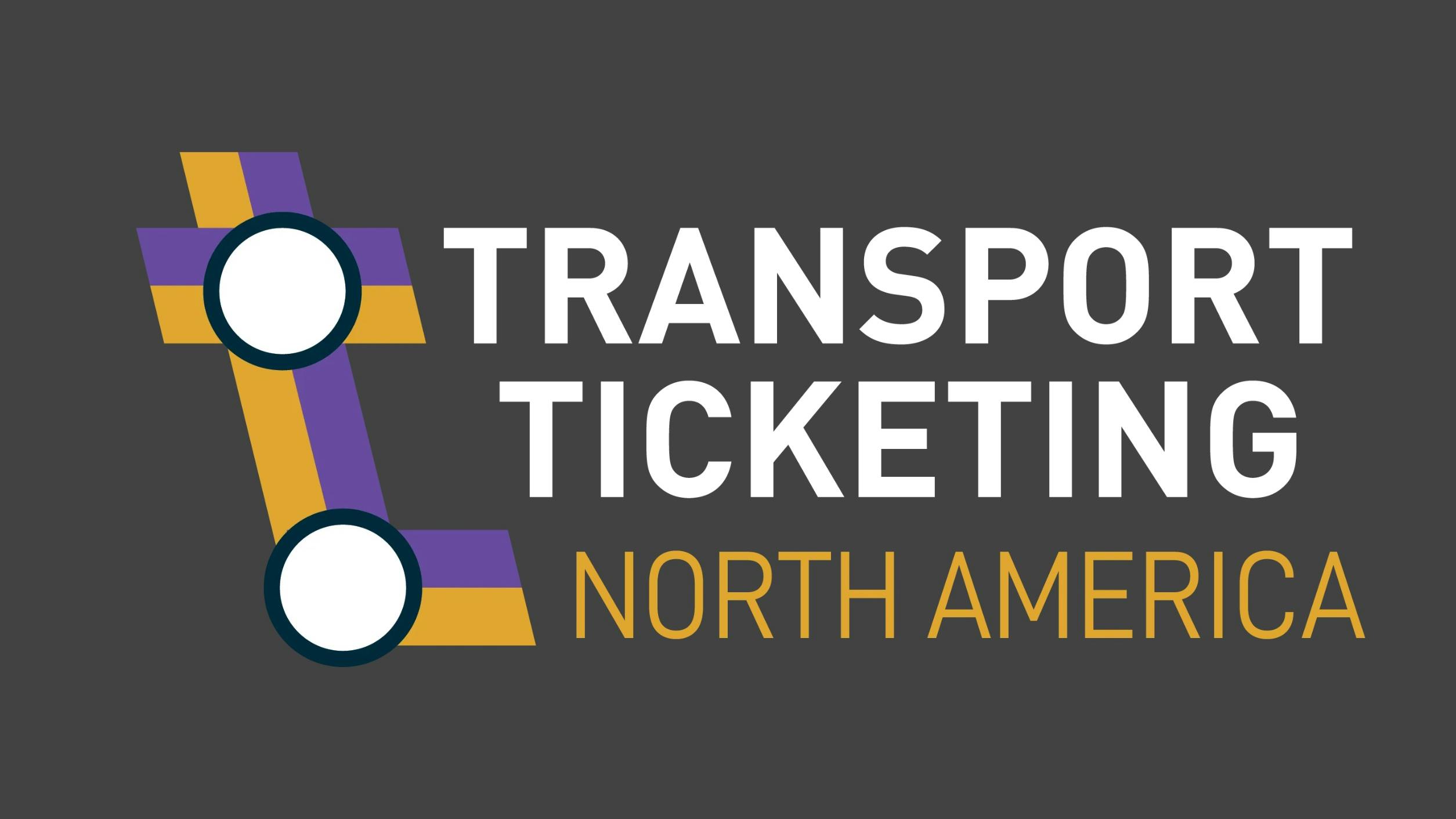 Logo for the Transport Ticketing North America event, featuring a stylized purple and gold transit line graphic with two station markers beside white and gold text on a dark gray background.