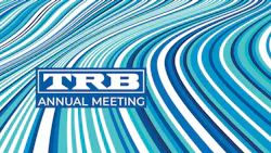 Promotional graphic for the TRB Annual Meeting, featuring the logo in a blue box over a swirling wave pattern of blue and teal lines.