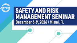 Promotional banner for the APTA Safety and Risk Management Seminar, held December 6-9, 2026, in Miami, FL, featuring the APTA logo, geometric blue and teal design elements.