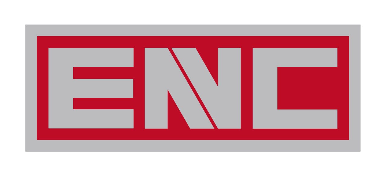The ENC (ElDorado National-California) logo, featuring bold gray block lettering on a red rectangular background with a gray border.