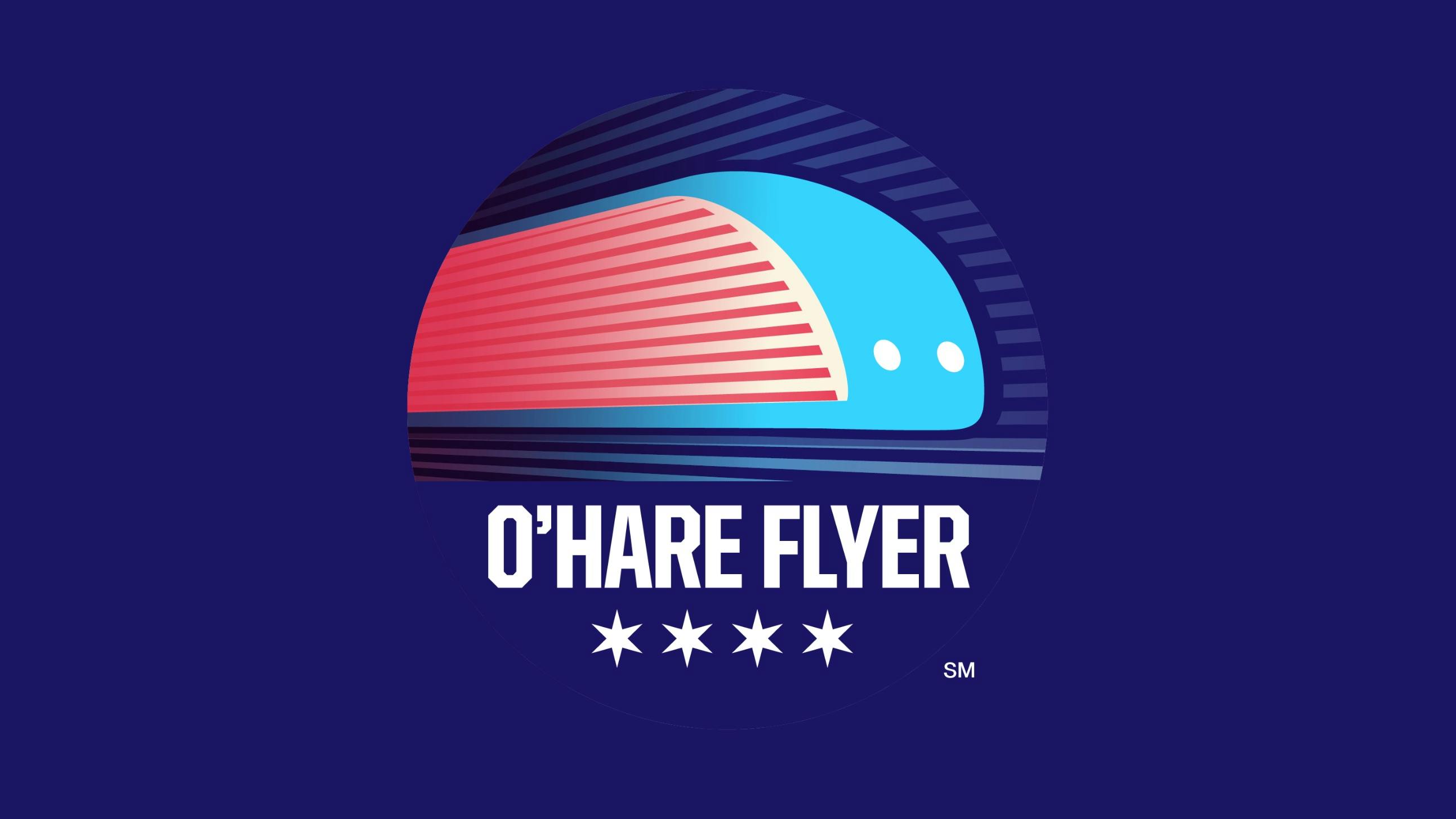Logo for the O'Hare Flyer, featuring a stylized illustration of a red and blue train in motion within a circular badge, paired with the Chicago flag's four stars beneath the wordmark on a dark blue background.