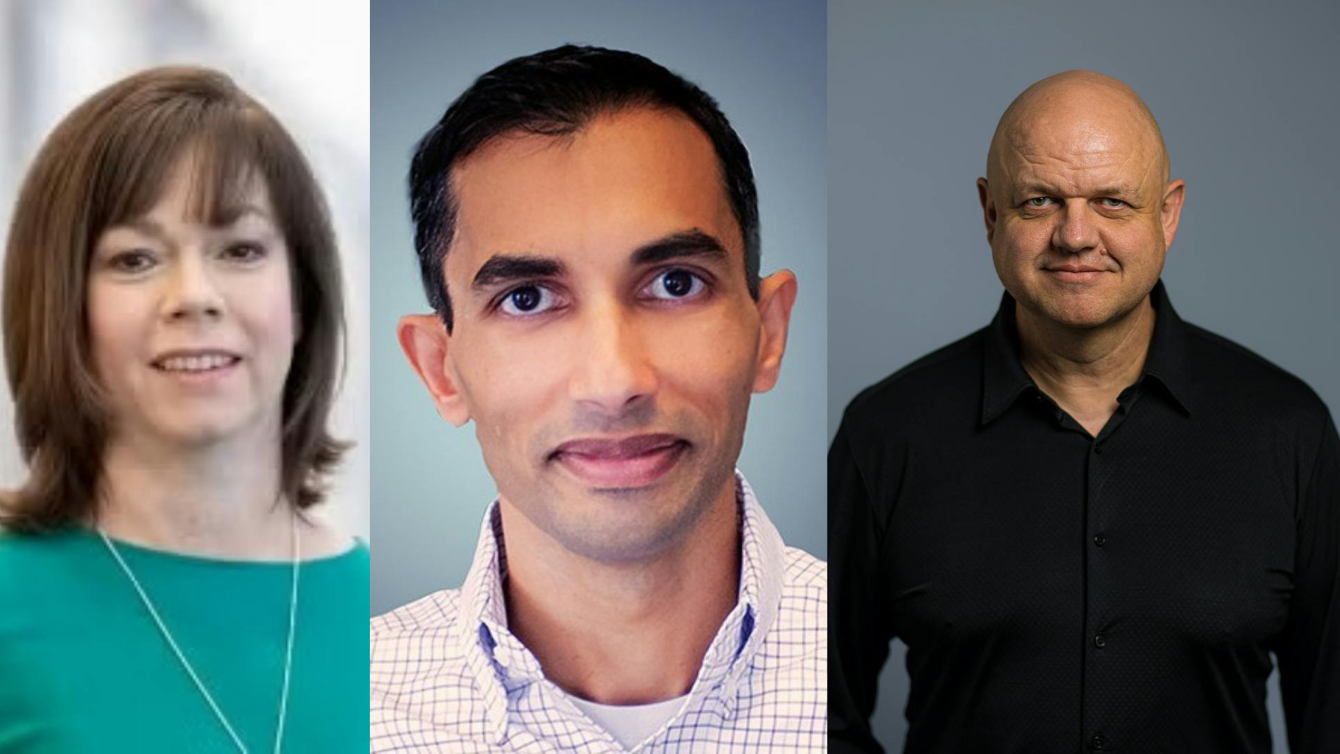 A three-panel headshot composite for a 'People on the Move' roundup, showing, from left to right: Erin Hunt, promoted to President and COO of HDR; Sooketo Bhuta, appointed Chief Product and Technology Officer of SilverRide; and Andy Rahden, promoted to Chief Revenue Officer of Bentley Systems.