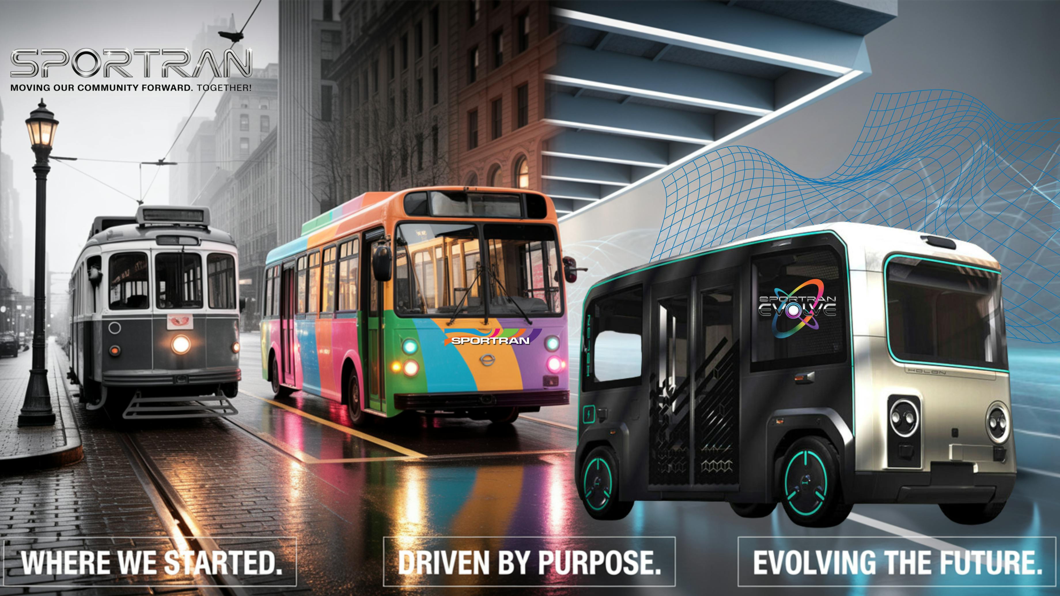 A SporTran promotional graphic titled 'Moving Our Community Forward. Together!' featuring a three-panel visual progression: a vintage black-and-white streetcar labeled 'Where We Started,' a colorful modern SporTran bus labeled 'Driven By Purpose' and a futuristic autonomous electric minibus concept labeled 'Evolving the Future' with the SporTran Evolve branding.