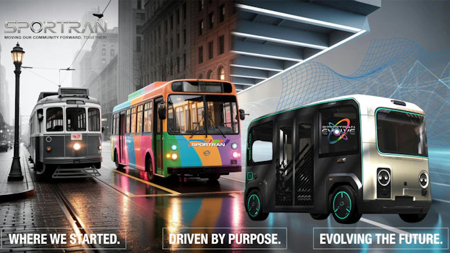 A SporTran promotional graphic titled 'Moving Our Community Forward. Together!' featuring a three-panel visual progression: a vintage black-and-white streetcar labeled 'Where We Started,' a colorful modern SporTran bus labeled 'Driven By Purpose' and a futuristic autonomous electric minibus concept labeled 'Evolving the Future' with the SporTran Evolve branding.