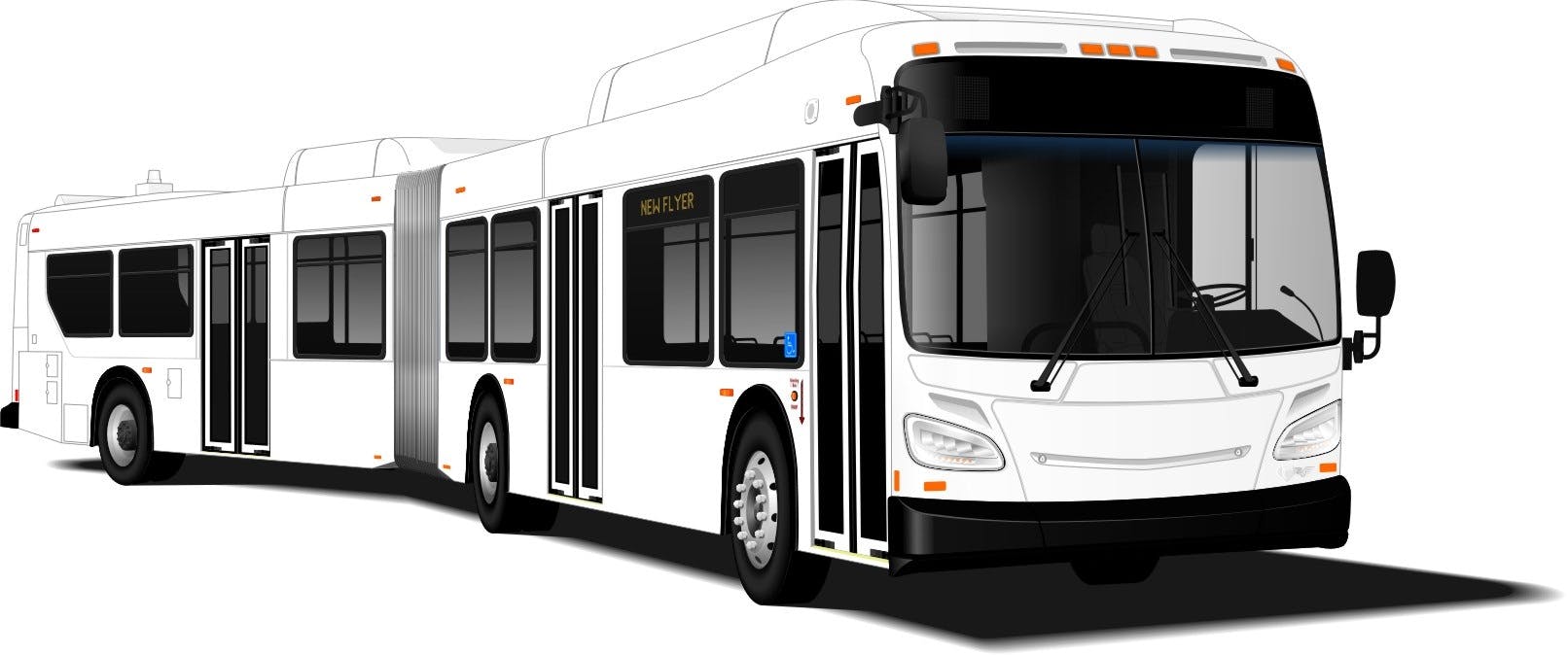 A manufacturer's illustration of a New Flyer 60-foot articulated diesel bus in unbranded white livery, shown against a white background with the New Flyer name visible on the destination display.