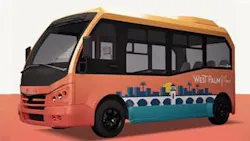 Rendering of a West Palm Beach transit shuttle in coral and yellow livery, featuring a stylized skyline and palm tree graphic on the side panel.
