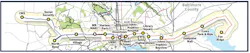 A transit route map showing the Blue and Orange bus lines through Baltimore, connecting stops such as CMS, Social Security, Edmondson Village, Downtown, Johns Hopkins Hospital, Highlandtown, Essex Park & Ride, and Fox Ridge.