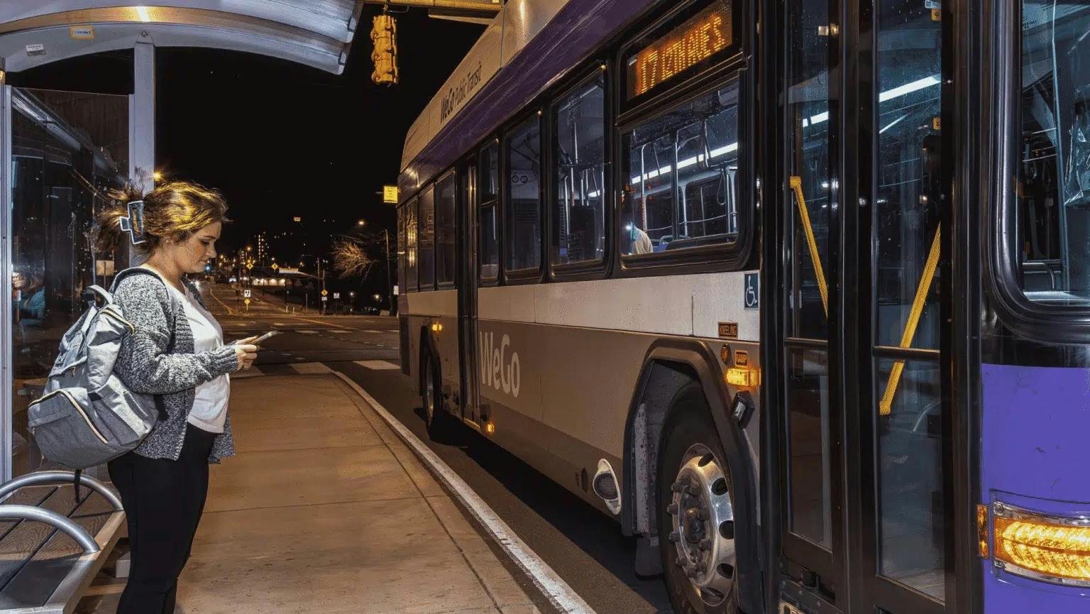A passenger checks her phone while waiting under a covered shelter as a WeGo Public Transit bus, signed for Route 17, arrives at night.