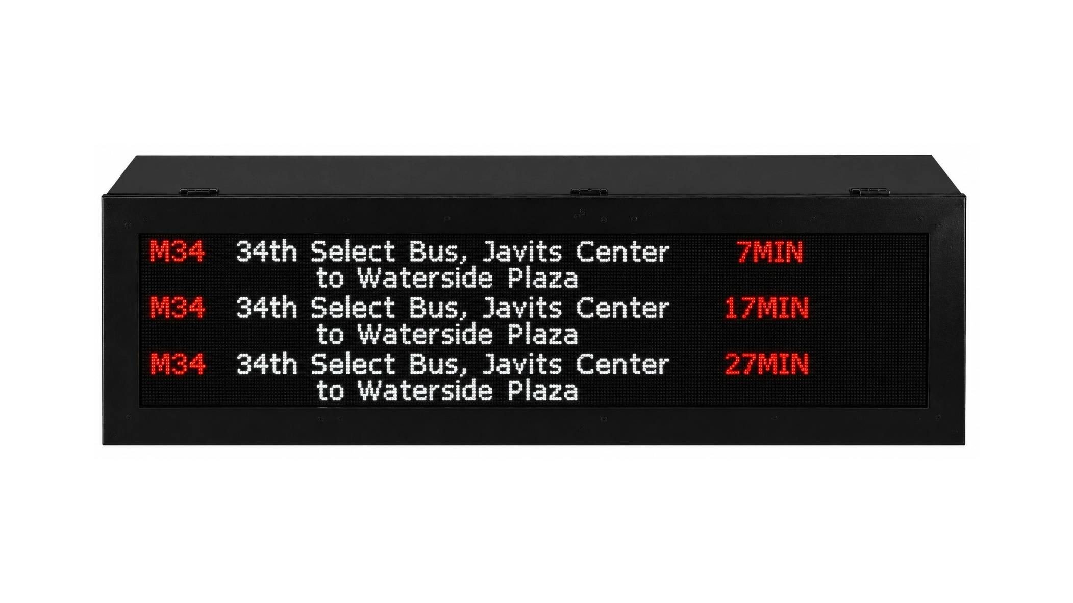 A Sunrise Systems CDP series countdown display showing three upcoming M34 Select Bus arrivals from Javits Center to Waterside Plaza, with estimated wait times of 7, 17, and 27 minutes.