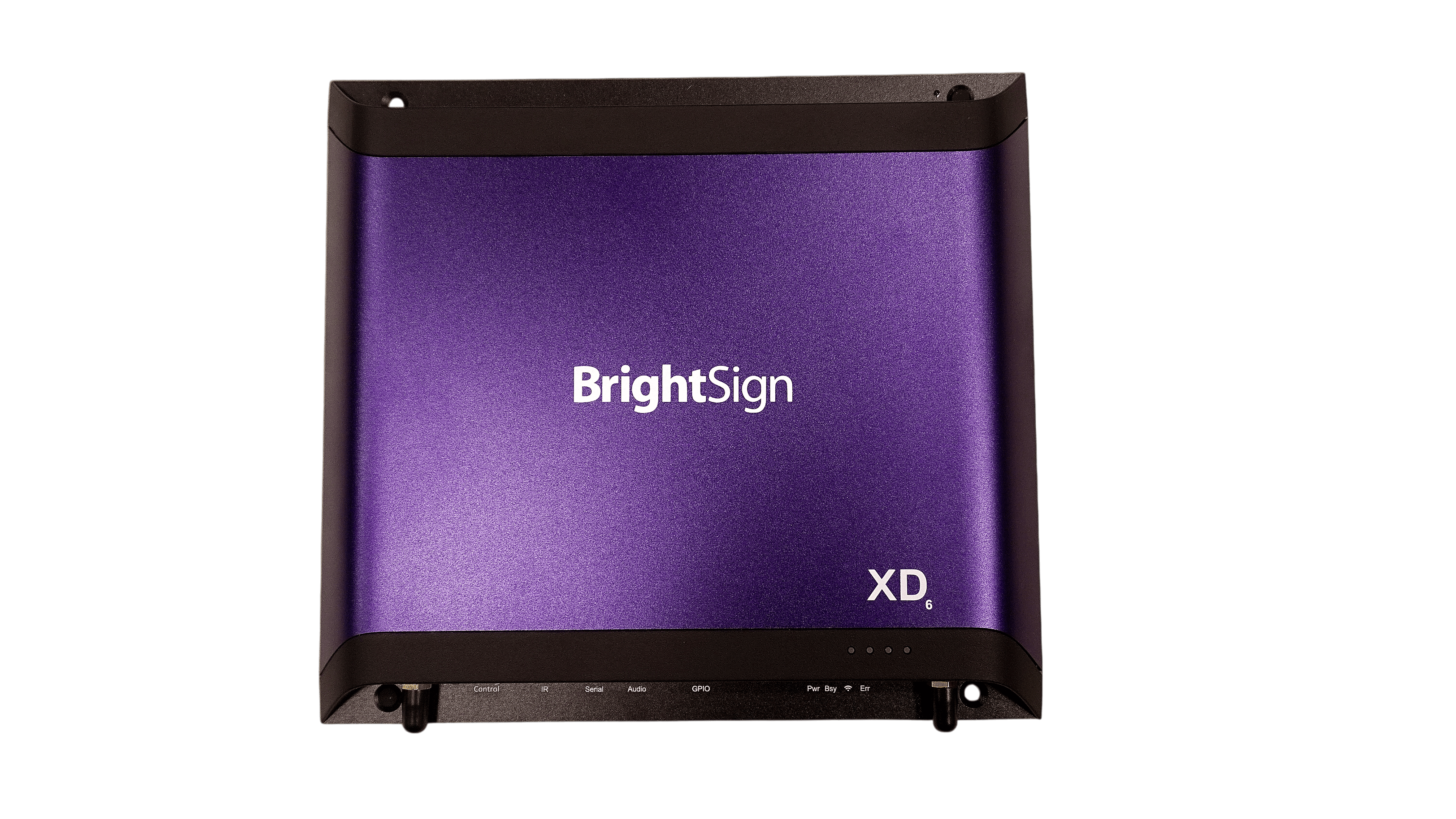 A BrightSign XD6 digital signage media player, shown in its purple and black casing with labeled ports for Control, IR, Serial, Audio, and GPIO, plus status indicator lights for power, busy, Wi-Fi, and error.