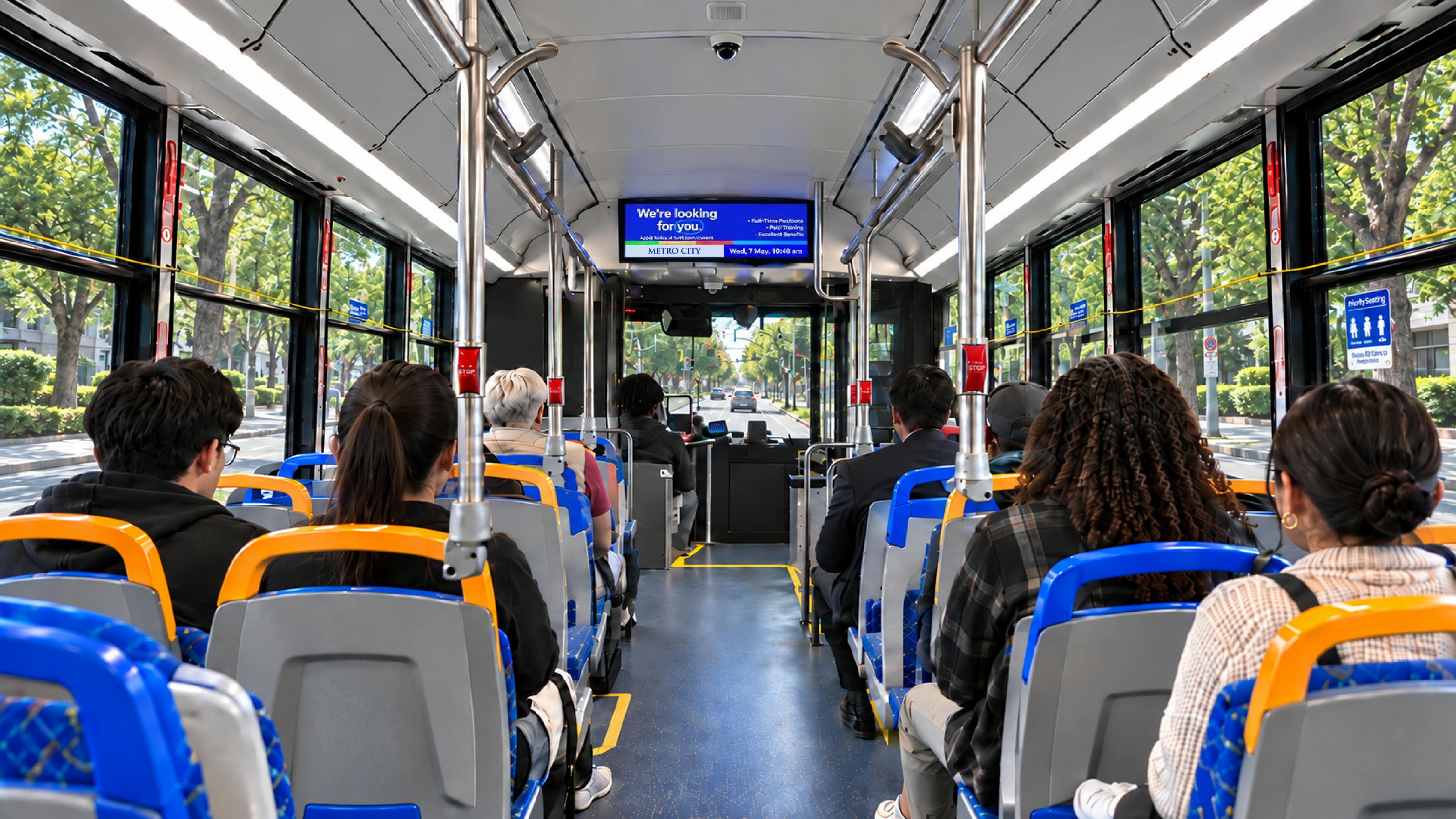 Interior view of a bus showing the ETA Onboard Infotainment Display mounted above the aisle, showing a 'We're looking for you' hiring message alongside the date and time, with seated passengers filling the rows below.