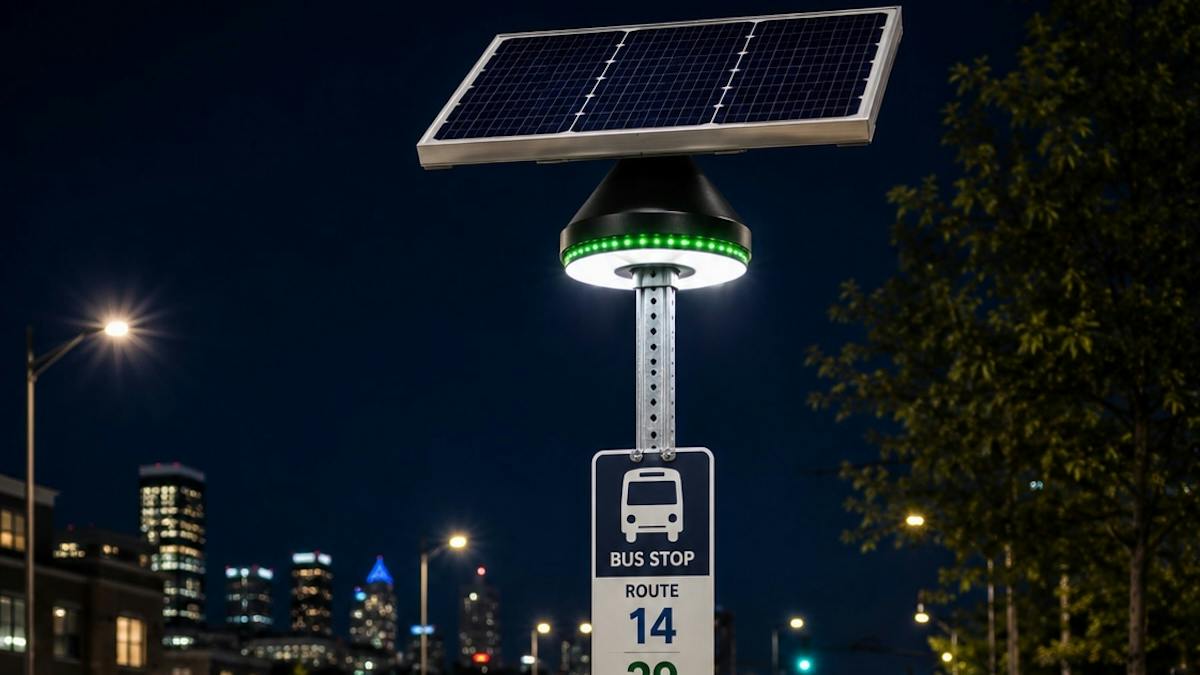 Connectpoint's HALO solar-powered lighting system illuminates a bus stop sign for routes 14 and 29 at night, with a city skyline and empty street visible in the background.