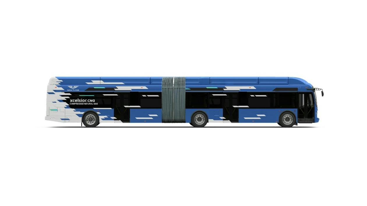 A manufacturer rendering of a New Flyer Xcelsior CNG 60-foot articulated compressed natural gas bus in a blue, white and black geometric livery, shown in profile against a white background.