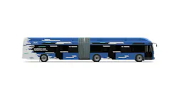 A manufacturer rendering of a New Flyer Xcelsior CNG 60-foot articulated compressed natural gas bus in a blue, white and black geometric livery, shown in profile against a white background.
