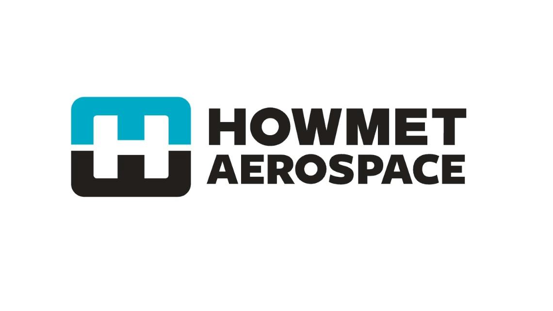 Howmet Aerospace logo is shown in black font with a a blue and black box to it's left displaying a white H.