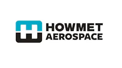 Howmet Aerospace logo is shown in black font with a a blue and black box to it's left displaying a white H.