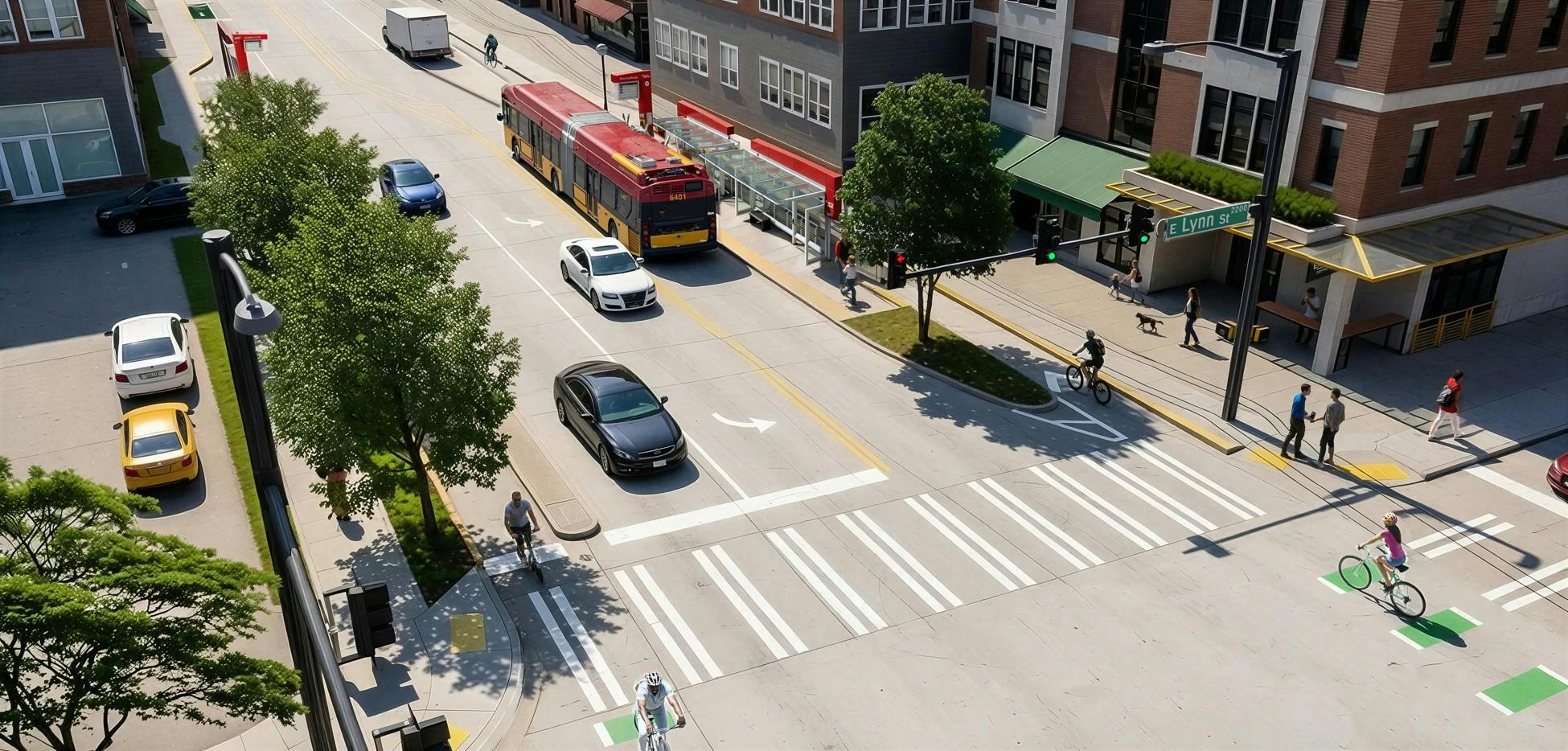 Aerial rendering of a redesigned street intersection at East Lynn Street, featuring a red articulated bus stopped at a curbside shelter, dedicated bike lanes, raised medians with trees, and pedestrians and cyclists crossing at a signalized intersection.