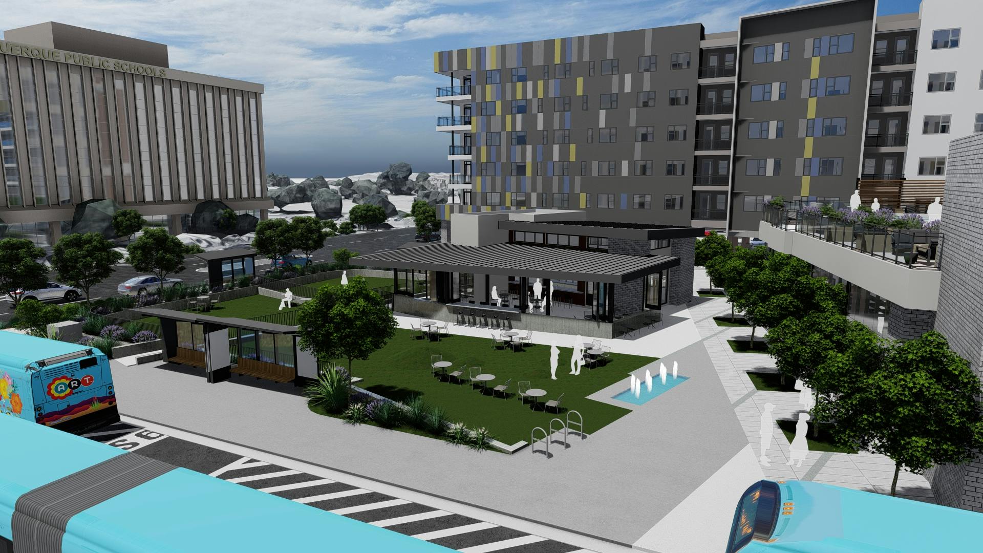 A rendering of Uptown Connect, a planned transit-oriented development in Albuquerque, N.M., shows a landscaped plaza, mixed-use buildings and ABQ RIDE Rapid Transit buses along the street.