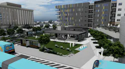 A rendering of Uptown Connect, a planned transit-oriented development in Albuquerque, N.M., shows a landscaped plaza, mixed-use buildings and ABQ RIDE Rapid Transit buses along the street.