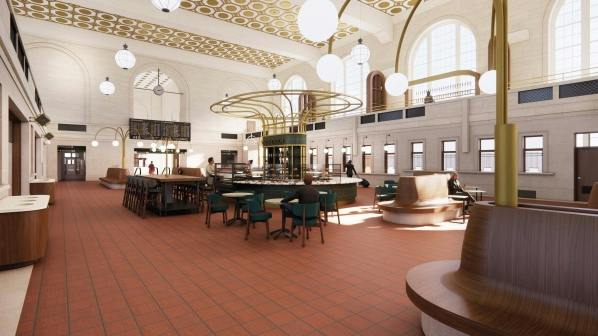 Architectural rendering of the renovated waiting hall at New Haven Union Station, showing a central circular service kiosk with brass accents beneath ornate ceiling medallions, restored terracotta tile flooring, and seating along tall arched windows.