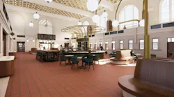 Architectural rendering of the renovated waiting hall at New Haven Union Station, showing a central circular service kiosk with brass accents beneath ornate ceiling medallions, restored terracotta tile flooring, and seating along tall arched windows.