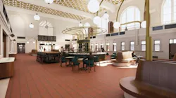 Architectural rendering of the renovated waiting hall at New Haven Union Station, showing a central circular service kiosk with brass accents beneath ornate ceiling medallions, restored terracotta tile flooring, and seating along tall arched windows.