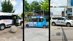 Three Houston Metro paratransit and on-demand vehicles are shown side by side: a curb2curb van with a passenger boarding, a small blue 'Community Connector' shuttle parked near a plaza and a white MetroLift van waiting at an intersection.