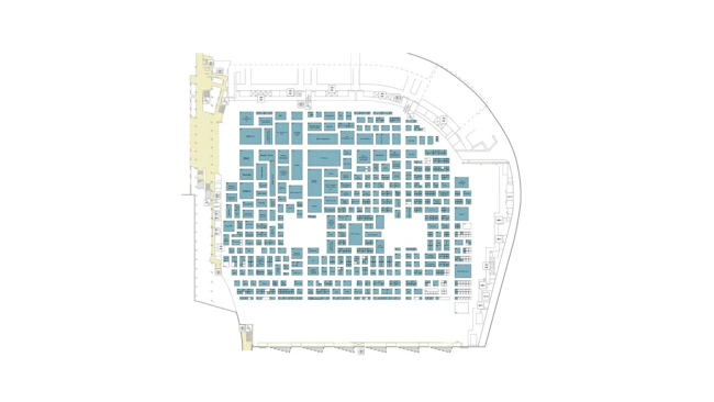 Exhibit hall floor plan for the APTA TRANSform Conference & EXPO, showing hundreds of numbered exhibitor booths arranged in rows across the convention center floor, with entrances, aisles, and a curved wall along one side of the venue.