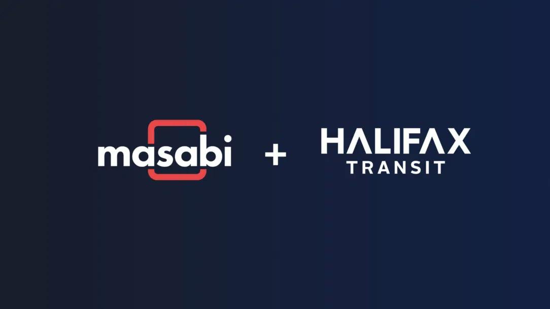 Logo graphic combining the Masabi wordmark and the Halifax Transit wordmark, joined by a plus sign on a dark navy background.